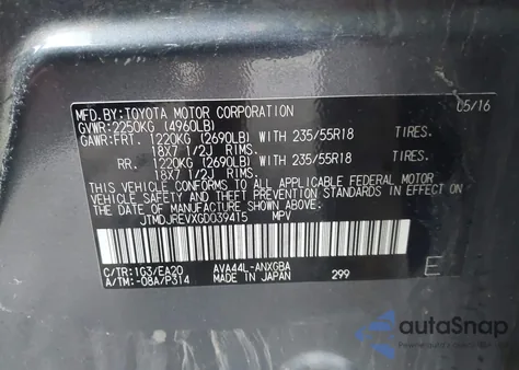 2016 Toyota Rav4 Hybrid Limited z USA, uszkodzony, nr VIN JTMDJREVXGD039415